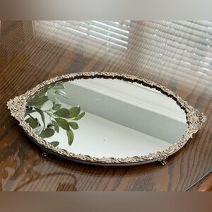 Vintage Footed Gold Ornate Oval Dresser Mirror Tray